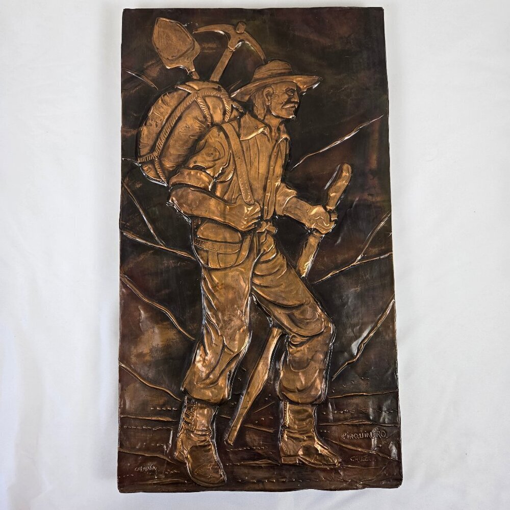 Vintage Folk Art Embossed Copper Art Work Artist Signed "Prospecting Man" Chile